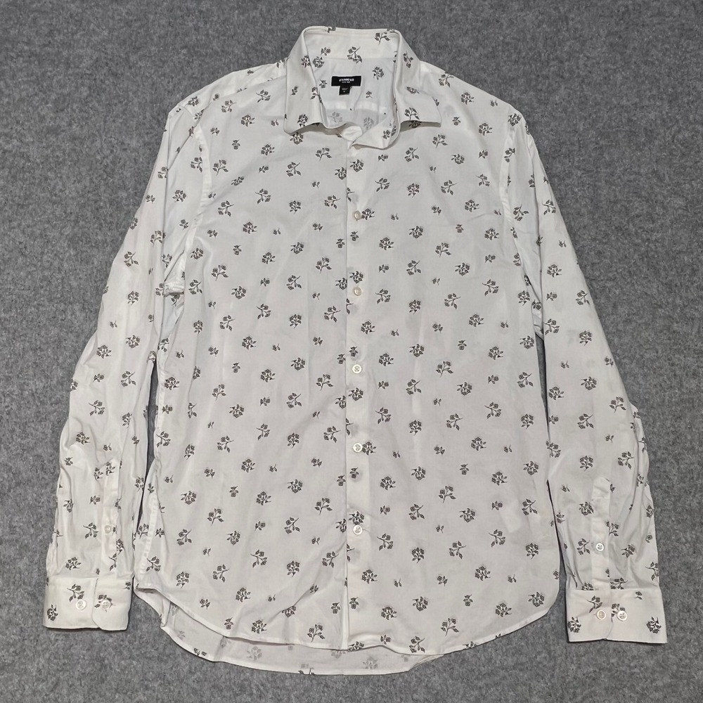 Express Slim 1MX Mens White Floral Long Sleeve Button Down Shirt Size M